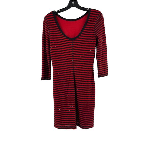 Express Women's Long Sleeve Black Red Striped Knit Sequin Sweater Dress Size M - Picture 4 of 15